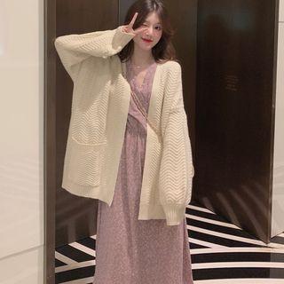 Open Front Cardigan / Long-sleeve Floral-pattern A-line Dress