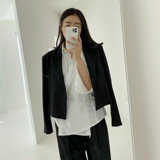 Balloon-sleeve Diagonal-button Blouse