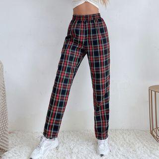 High Waist Plaid Straight Leg Sweatpants