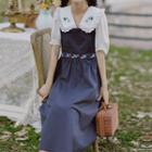 Puff-sleeve Collar Blouse / Midi A-line Overall Dress / Set