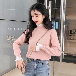 Plain Ruffled-trim Mock-neck Long-sleeve Knit Top