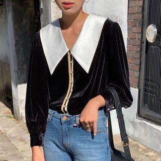 Collared Faux Pearl Button Blouse Black - One Size