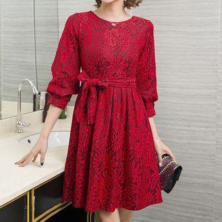 Long-sleeve Bow-accent Jacquard Dress
