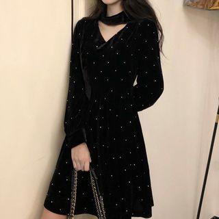 Long-sleeve Rhinestone Keyhole A-line Dress