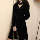Long-sleeve Rhinestone Keyhole A-line Dress