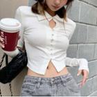 Long-sleeve Collared Cut-out Crop Top