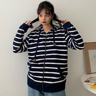 Striped Zip Hoodie Navy Blue - One Size