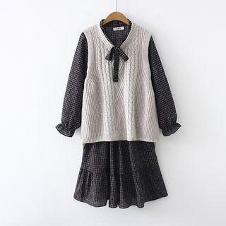 Set: Long-sleeve Check Ruffled Dress + Knit Vest