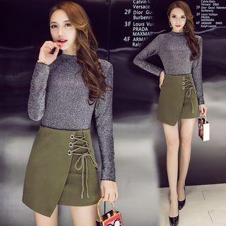 Set: Long-sleeve Top + Lace-up A-line Skirt