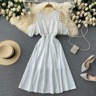 Round-neck Off-shoulder Ruffle Cutout Dress