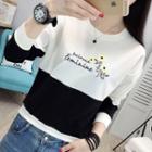 Flower Embroidered Lettering Color Block Pullover