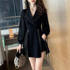 Puff-sleeve Rhinestone Trim A-line Dress