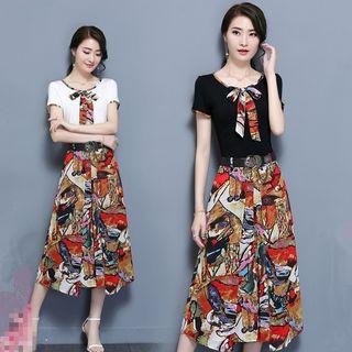 Set: Tie-neck Top + Printed Pants