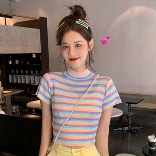 Short-sleeve Striped Knit Top Striped - Blue & Purple & Pink - One Size