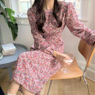 Puff-sleeve Floral Print A-line Dress Floral - Pink & White - One Size