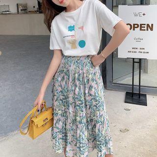 Set: Short-sleeve Print T-shirt + Floral Print Midi A-line Skirt