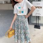 Set: Short-sleeve Print T-shirt + Floral Print Midi A-line Skirt
