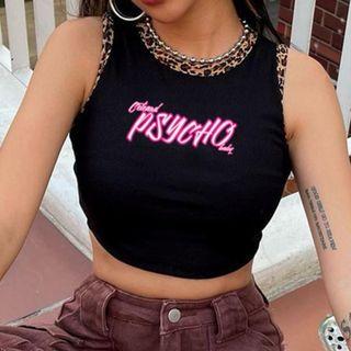 Leopard Print Contrast Trim Lettering Crop Tank Top