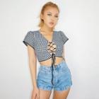 Short-sleeve Cropped Plaid Top