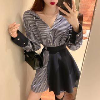 Set: Long-sleeve Mini Striped Shirtdress + Mini Skirt