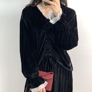 Long-sleeve Crinkled Velvet Top / Midi A-line Skirt
