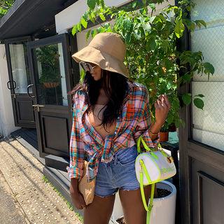 Letter Print Checked Shirt Orange - One Size