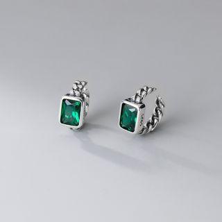 Rectangle Rhinestone Sterling Silver Earring 1 Pair - Silver & Green - One Size