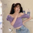 Puff-sleeve Square Neck Plain Cropped Top