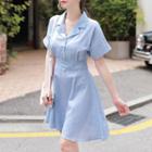 Open-placket Cuff-sleeve Stripe Dress