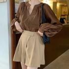 Set : V-neck Long-sleeve Shirt + High-waist Shorts