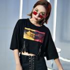 Elbow-sleeve Printed Zip-up Top