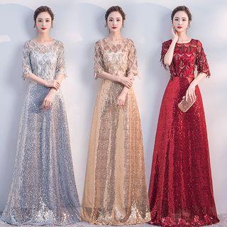 Elbow-sleeve Fringed Sequined A-line Evening Gown