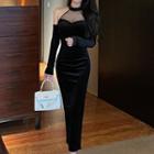 Long-sleeve Halter Mesh Panel Maxi Sheath Dress