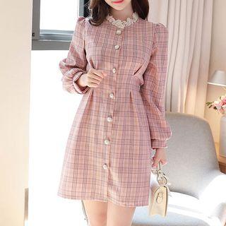 Laced Puff-sleeve Pleated Plaid Dress