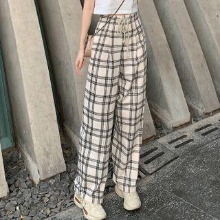 Short-sleeve Printed Cropped T-shirt / Drawstring Plaid Wide-leg Pants