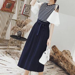 Set: Striped Cold Shoulder Top + A-line Midi Skirt