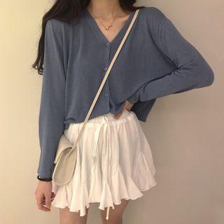 Plain V-neck Cardigan / Drawstring Skort