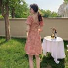 Plaid Puff-sleeve Cutout-back Mini A-line Dress