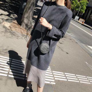 Long-sleeve Print Panel Midi Knit Dress