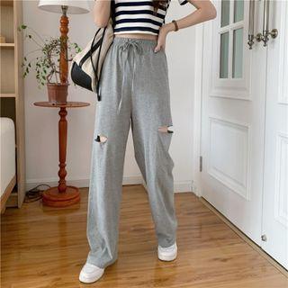 Drawstring Waist Distressed Straight Leg Pants