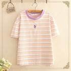 Eye Embroidered Striped Short-sleeve Top As Shown In Figure - One Size
