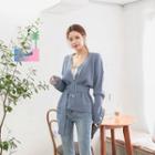 Snap-button Belted Rib-knit Cardigan