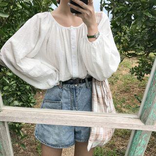 Button Front Puff Sleeve Blouse