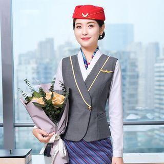 Buttoned Vest / V-neck Blouse / Mini Straight-fit Skirt / Dress Pants / Brooch / Set