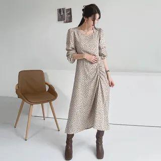 Shirred-front Leopard Long Dress