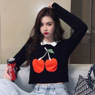 Long-sleeve Cherry Printed Knit Top