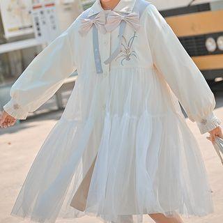Embroidered Mesh Overlay Button-up Coatdress
