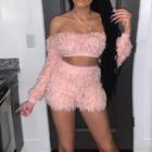 Set: Long-sleeve Off-shoulder Fleece Crop Top + Hot Pants