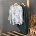 3/4-sleeve Floral Top Floral - White & Blue - One Size