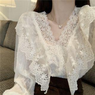 V-neck Ruffle Lace Blouse Almond - One Size
